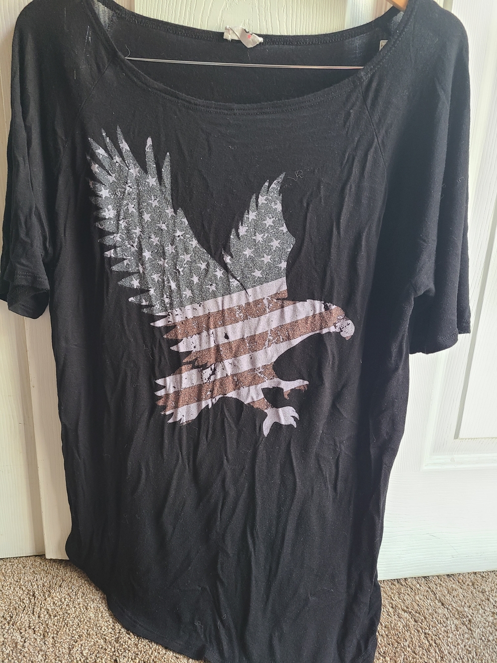 BiBi Black Short Sleeve Tee with Distressed Eagle Flag Print